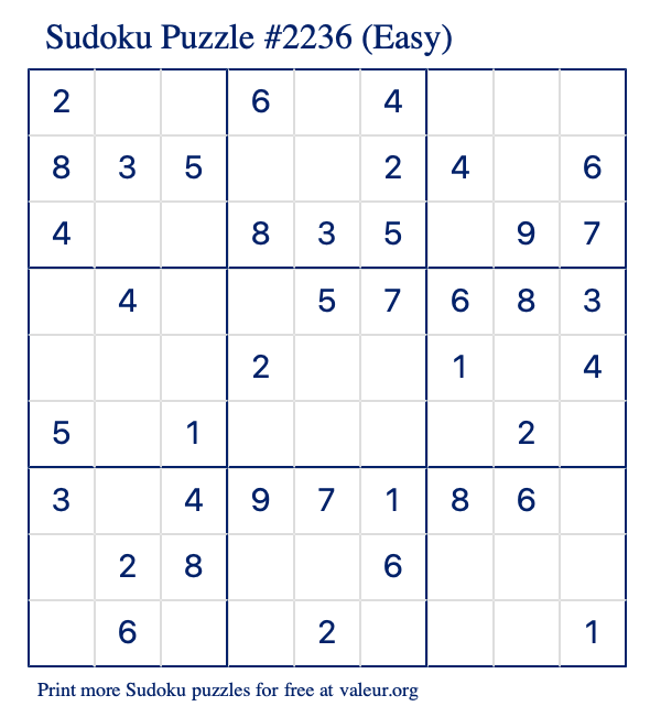 Free Printable Easy Sudoku Puzzle number 2236