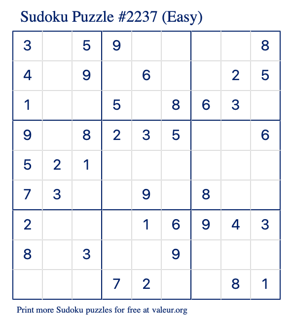 Free Printable Easy Sudoku Puzzle number 2237