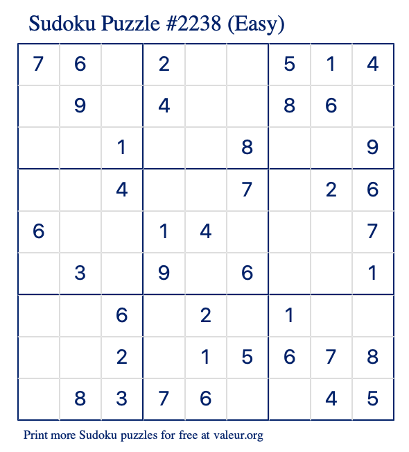 Free Printable Easy Sudoku Puzzle number 2238