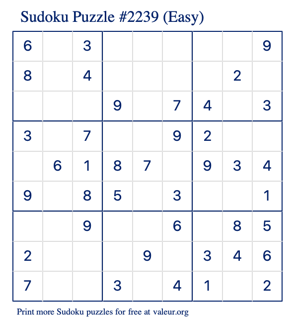 Free Printable Easy Sudoku Puzzle number 2239