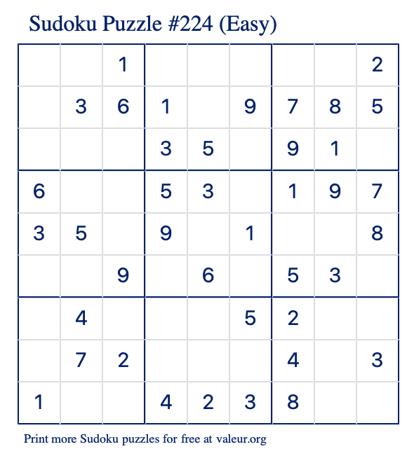 Free Printable Easy Sudoku Puzzle number 224
