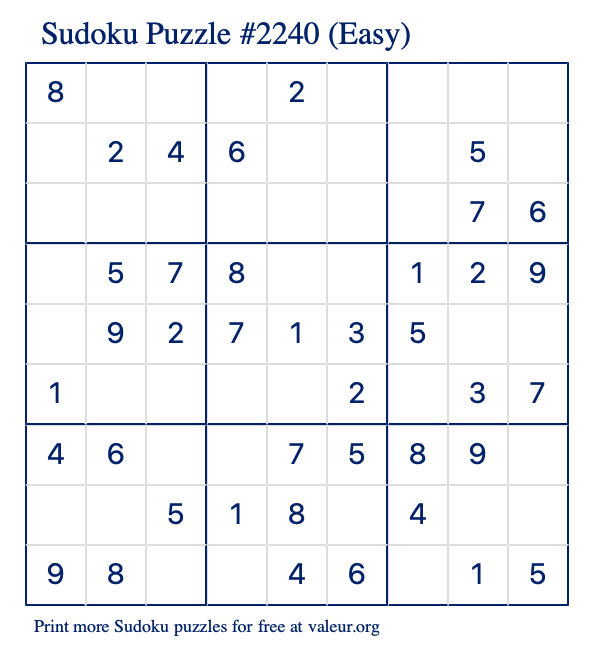 Free Printable Easy Sudoku Puzzle number 2240