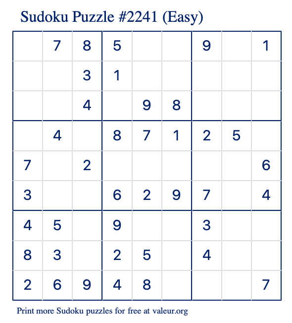 Free Printable Easy Sudoku Puzzle number 2241