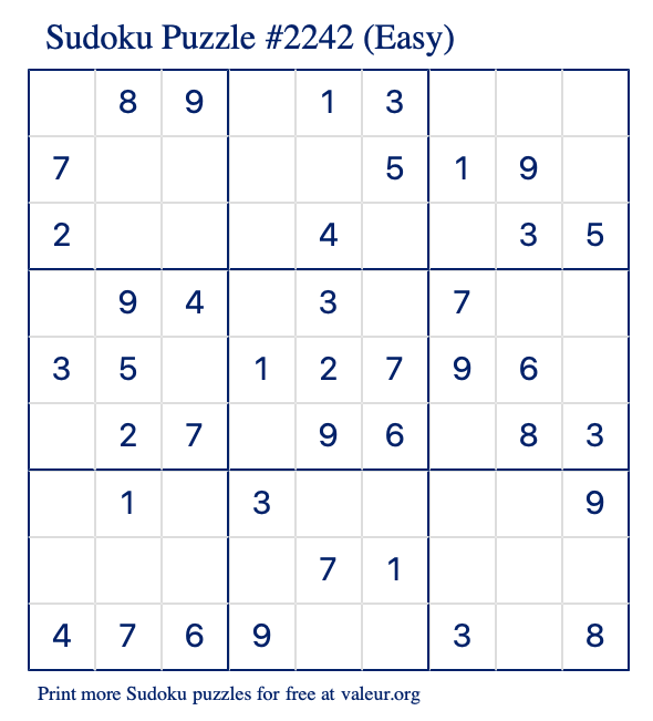 Free Printable Easy Sudoku Puzzle number 2242