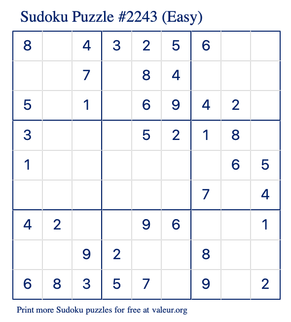 Free Printable Easy Sudoku Puzzle number 2243