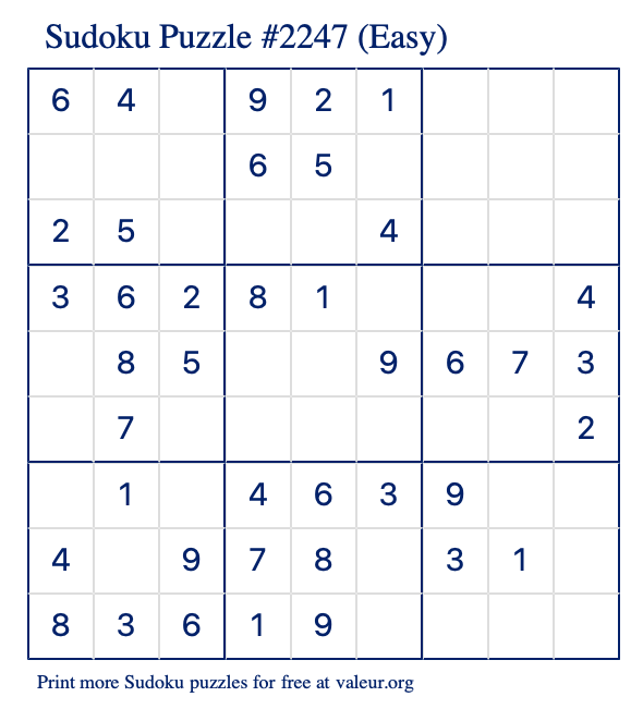 Free Printable Easy Sudoku Puzzle number 2247