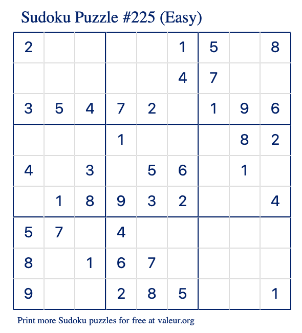 Free Printable Easy Sudoku Puzzle number 225