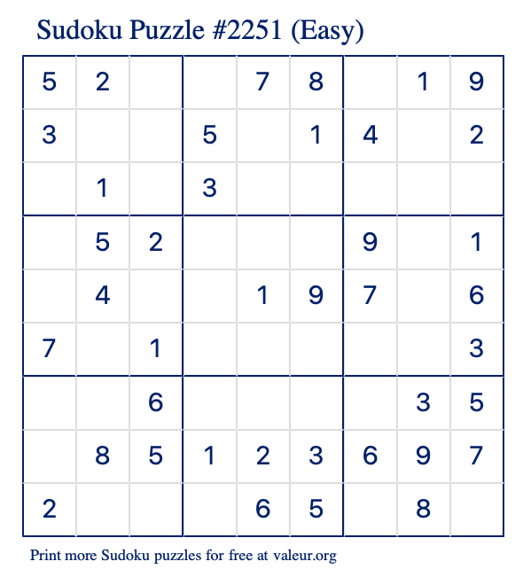 Free Printable Easy Sudoku Puzzle number 2251