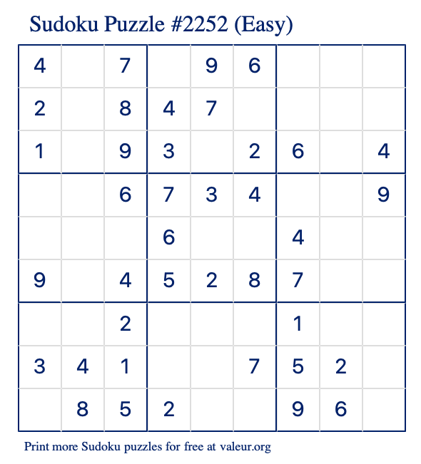 Free Printable Easy Sudoku Puzzle number 2252