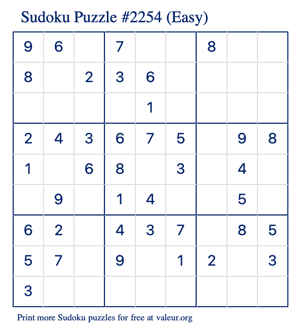 Free Printable Easy Sudoku Puzzle number 2254