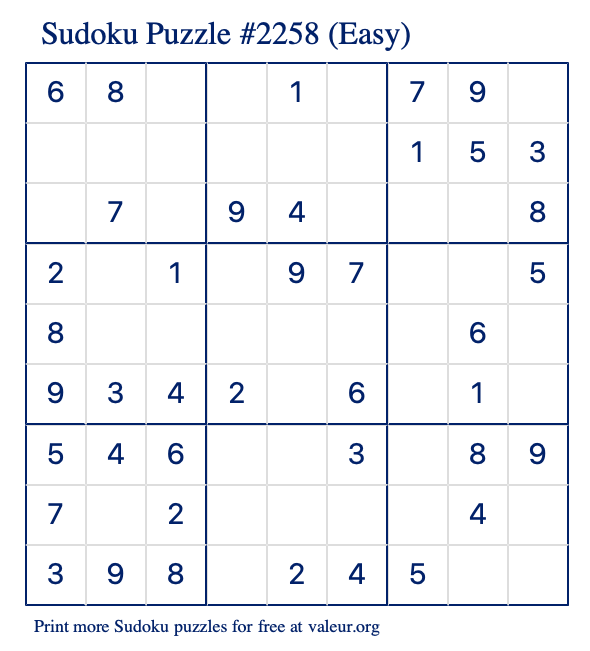 Free Printable Easy Sudoku Puzzle number 2258