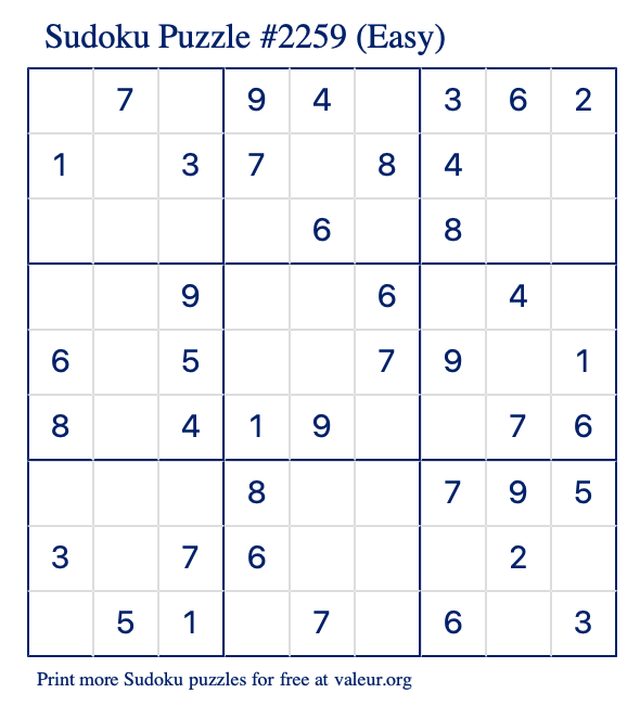 Free Printable Easy Sudoku Puzzle number 2259