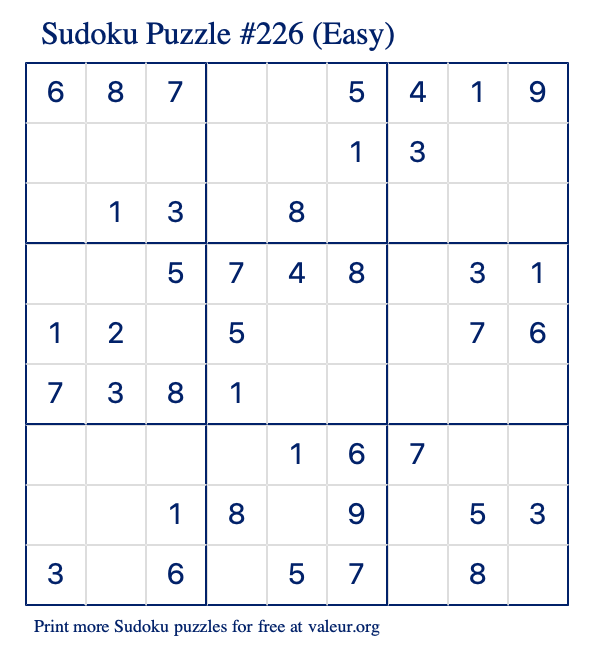 Free Printable Easy Sudoku Puzzle number 226