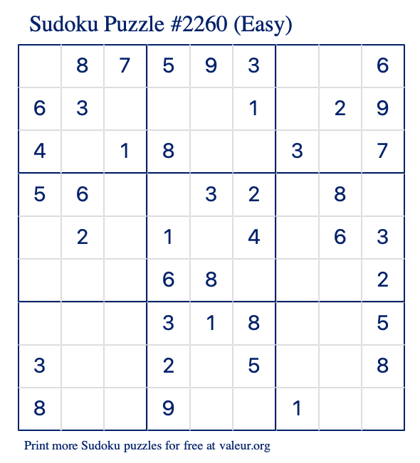 Free Printable Easy Sudoku Puzzle number 2260