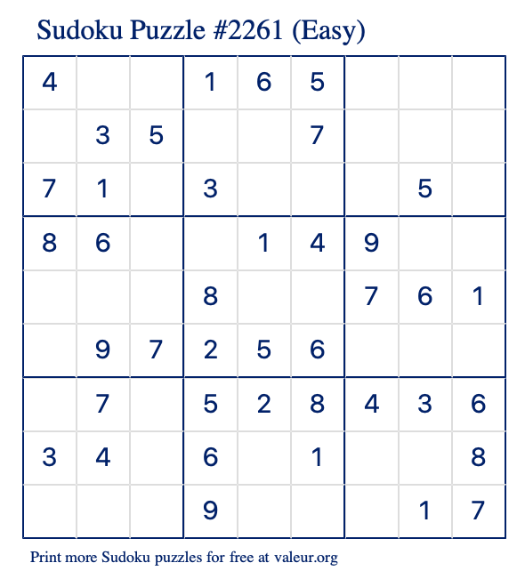 Free Printable Easy Sudoku Puzzle number 2261