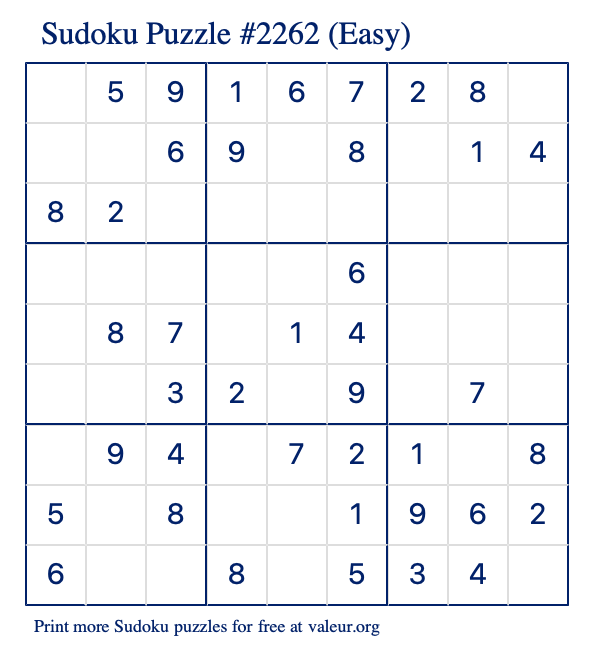 Free Printable Easy Sudoku Puzzle number 2262