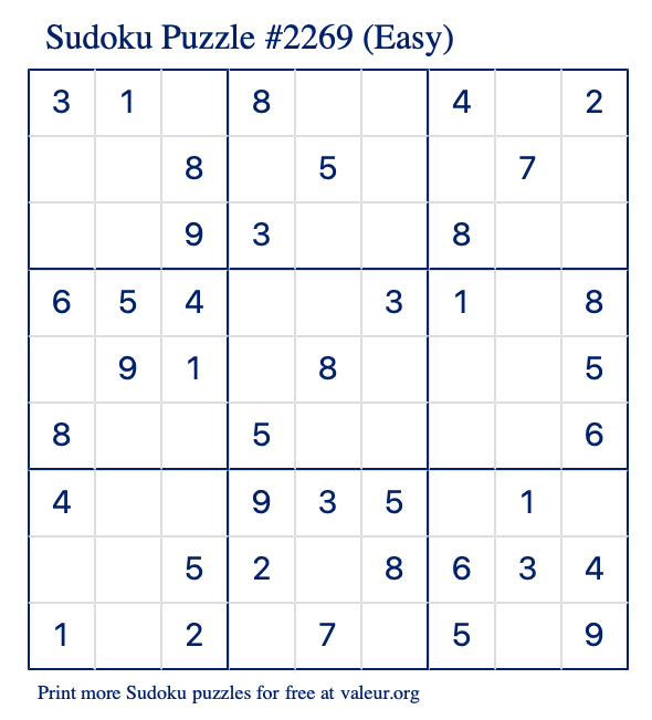 Free Printable Easy Sudoku Puzzle number 2269