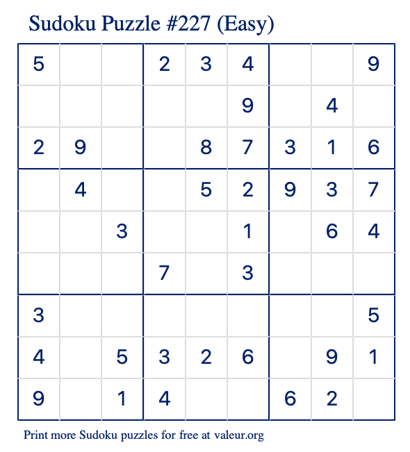 Free Printable Easy Sudoku Puzzle number 227