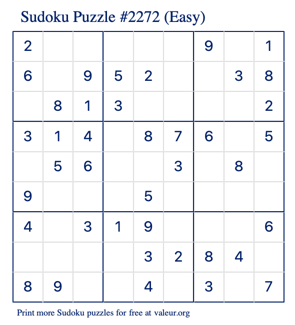 Free Printable Easy Sudoku Puzzle number 2272