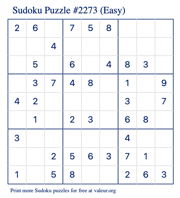 Free Printable Easy Sudoku Puzzle number 2273