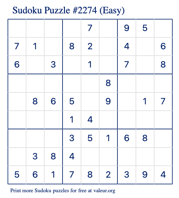 Free Printable Easy Sudoku Puzzle number 2274