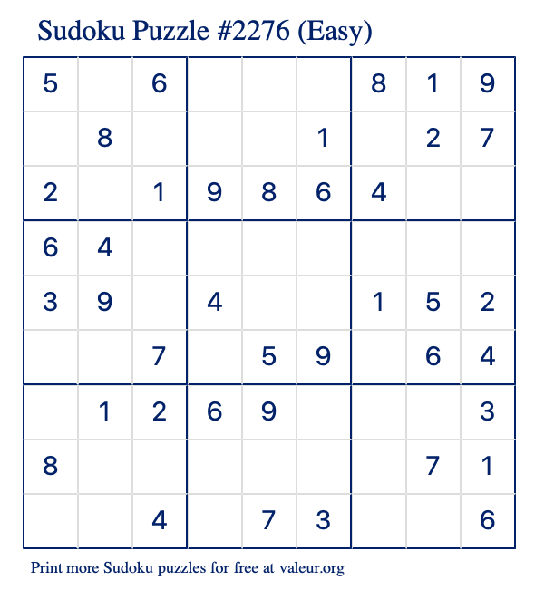 Free Printable Easy Sudoku Puzzle number 2276