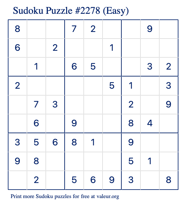 Free Printable Easy Sudoku Puzzle number 2278