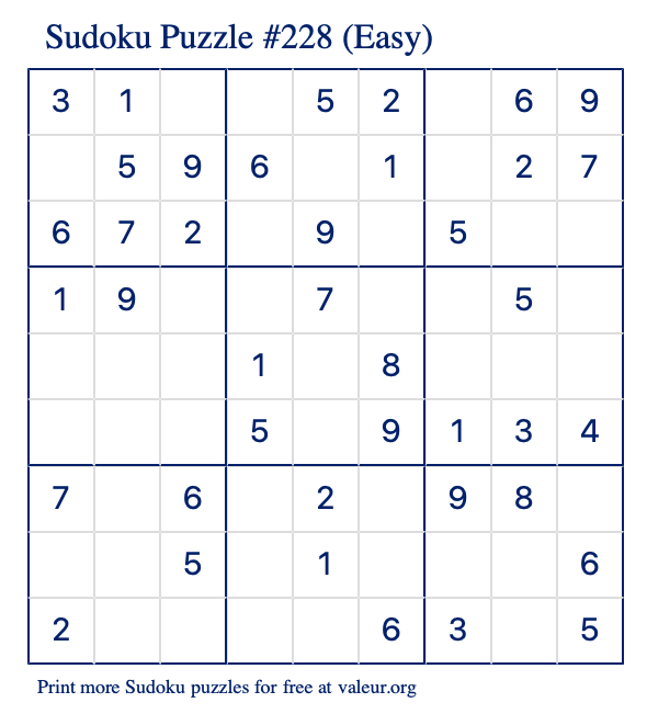 Free Printable Easy Sudoku Puzzle number 228