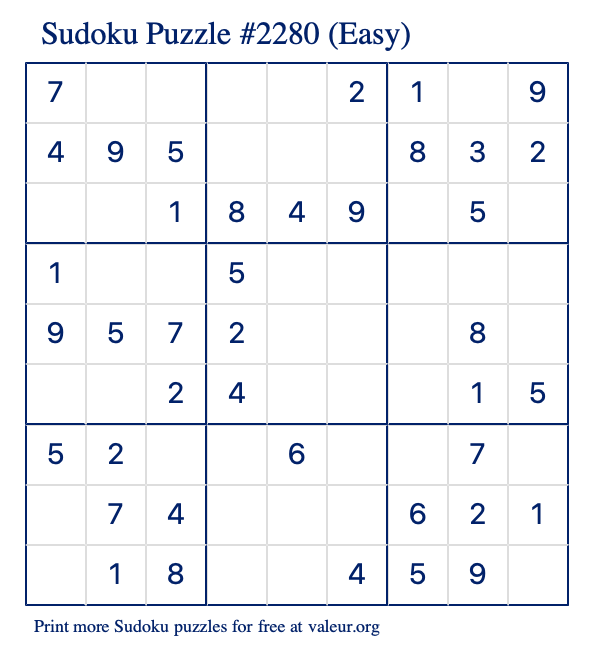 Free Printable Easy Sudoku Puzzle number 2280