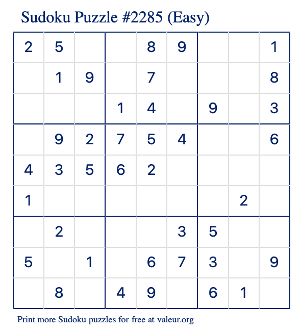 Free Printable Easy Sudoku Puzzle number 2285