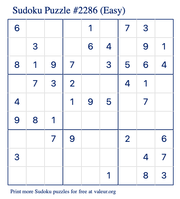 Free Printable Easy Sudoku Puzzle number 2286