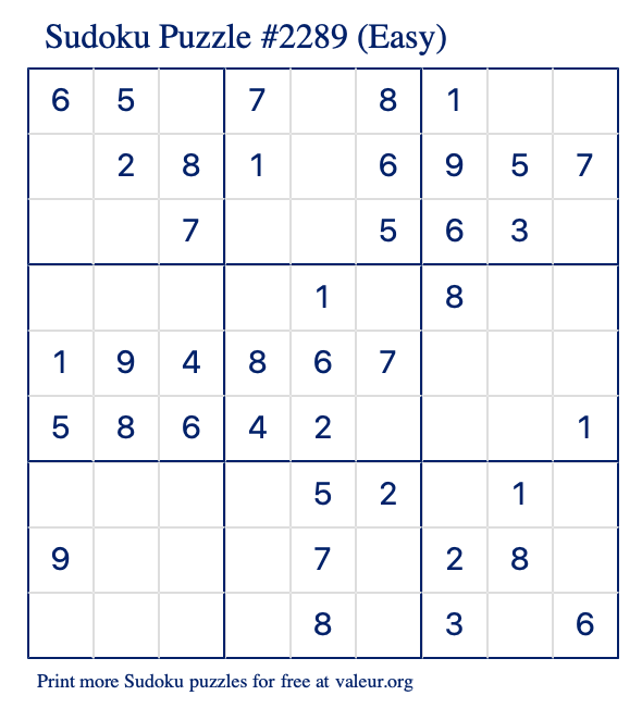 Free Printable Easy Sudoku Puzzle number 2289