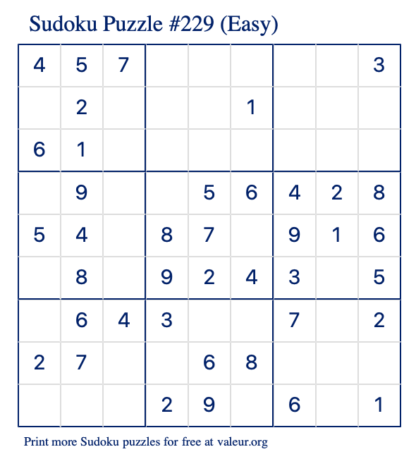 Free Printable Easy Sudoku Puzzle number 229