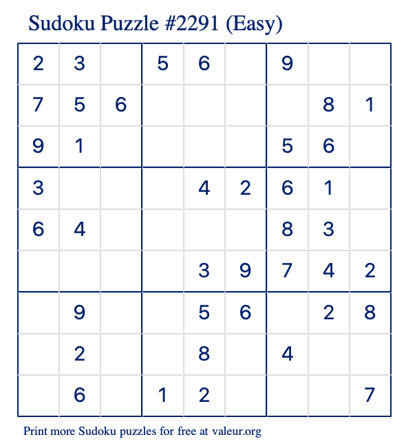 Free Printable Easy Sudoku Puzzle number 2291