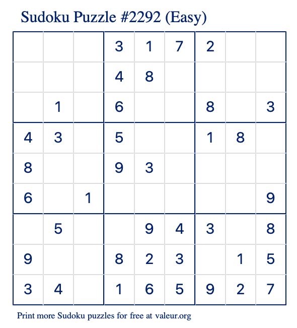 Free Printable Easy Sudoku Puzzle number 2292