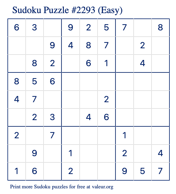 Free Printable Easy Sudoku Puzzle number 2293