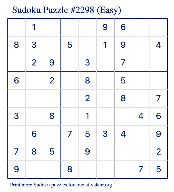 Free Printable Easy Sudoku Puzzle number 2298