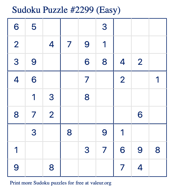 Free Printable Easy Sudoku Puzzle number 2299
