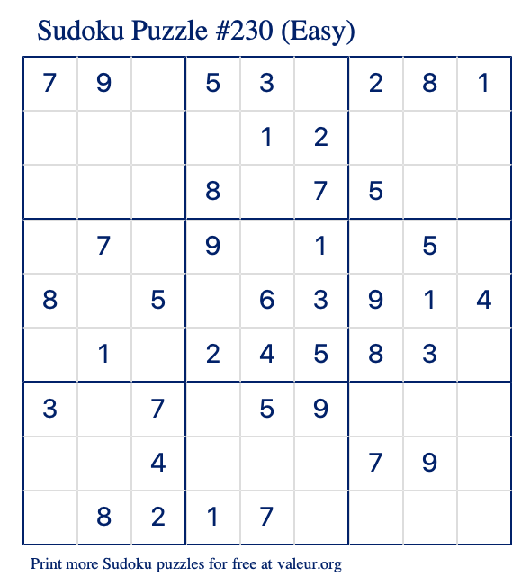 Free Printable Easy Sudoku Puzzle number 230