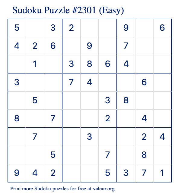 Free Printable Easy Sudoku Puzzle number 2301