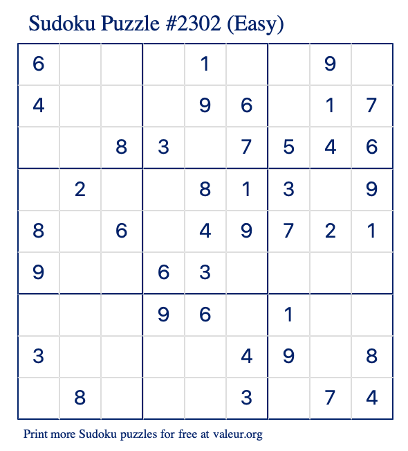 Free Printable Easy Sudoku Puzzle number 2302