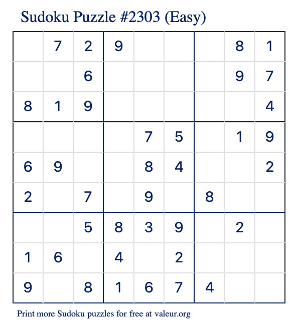 Free Printable Easy Sudoku Puzzle number 2303