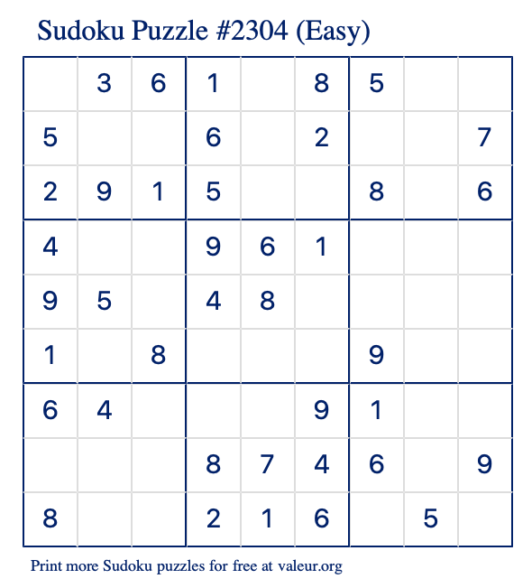 Free Printable Easy Sudoku Puzzle number 2304