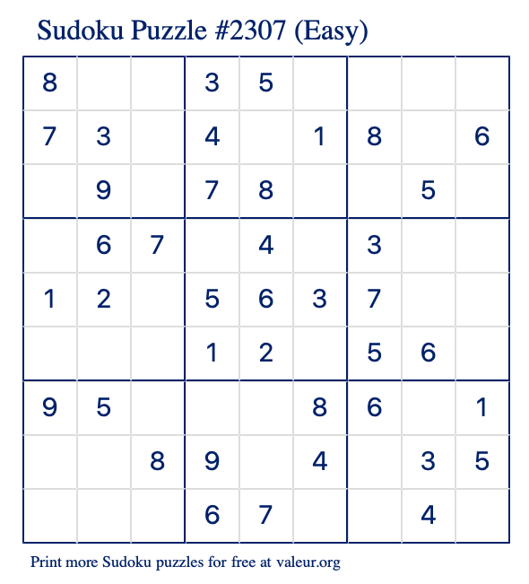 Free Printable Easy Sudoku Puzzle number 2307