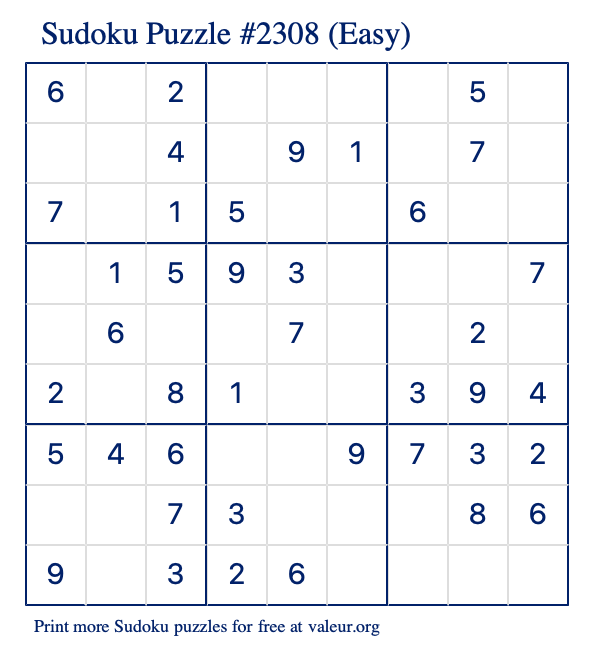 Free Printable Easy Sudoku Puzzle number 2308