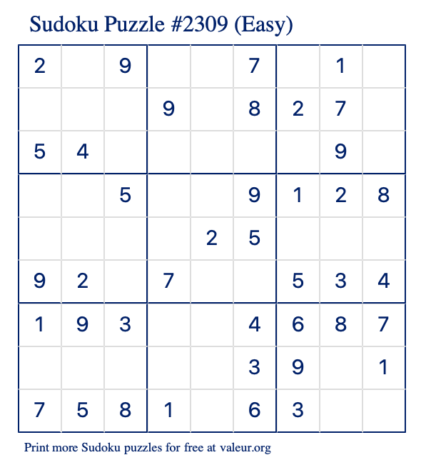Free Printable Easy Sudoku Puzzle number 2309