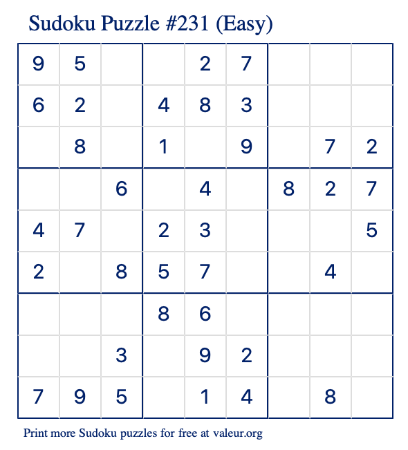 Free Printable Easy Sudoku Puzzle number 231