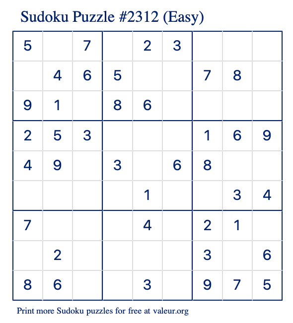 Free Printable Easy Sudoku Puzzle number 2312