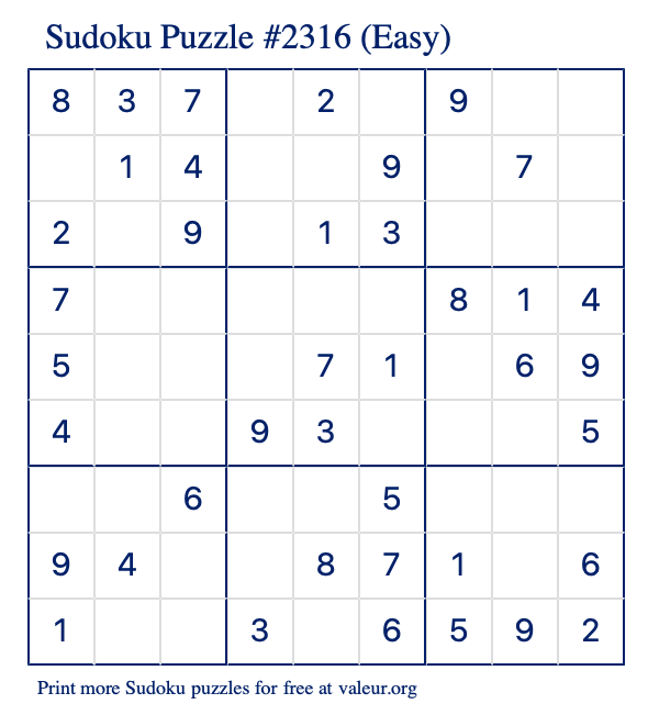 Free Printable Easy Sudoku Puzzle number 2316