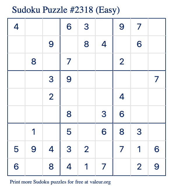 Free Printable Easy Sudoku Puzzle number 2318